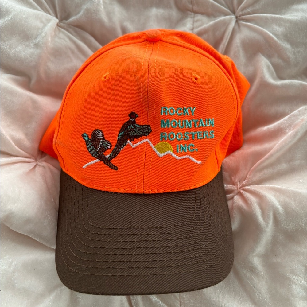 vintage rocky mountain roosters hat orange hunting brown colorado